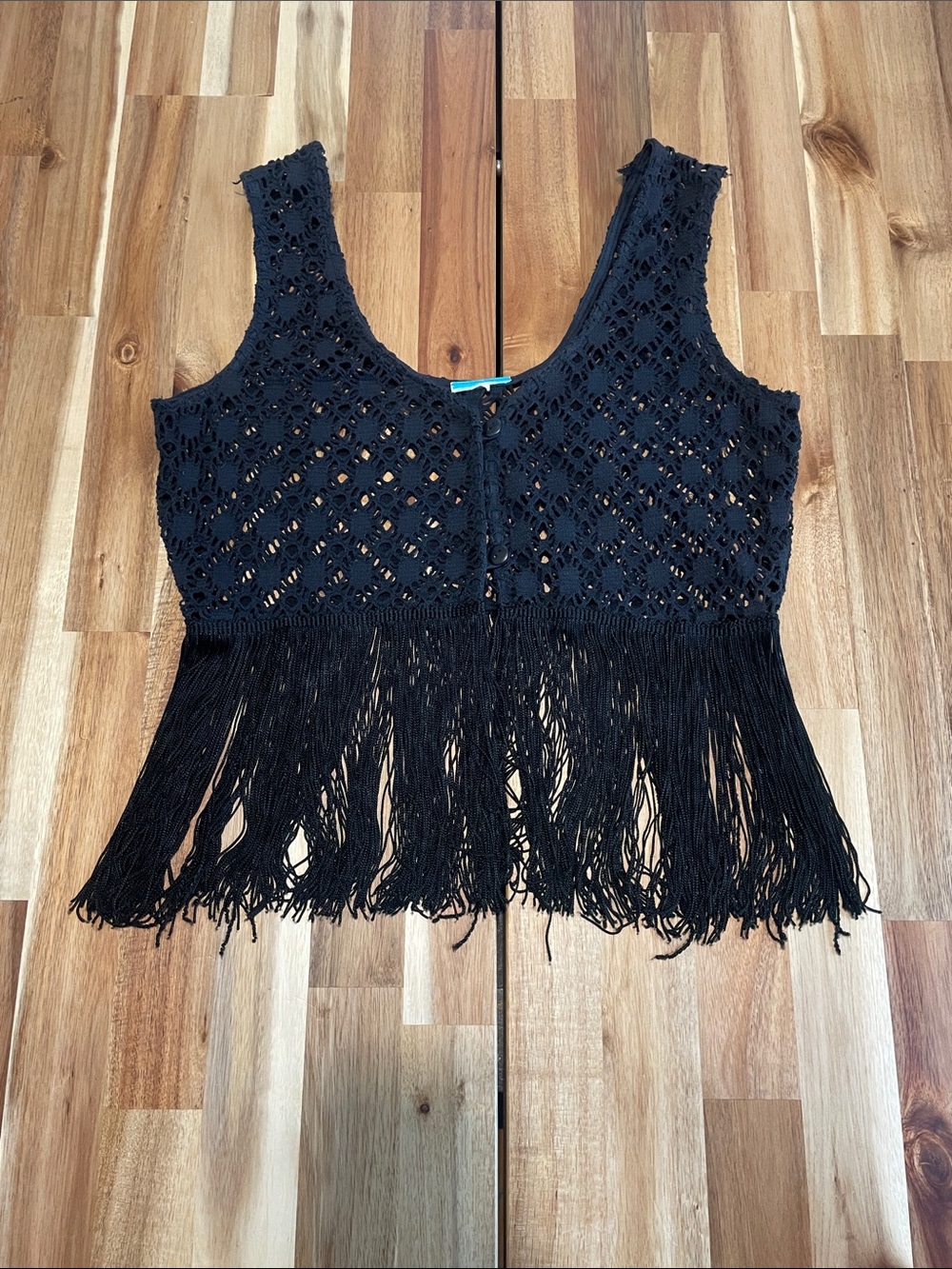 Vintage Black Crochet Fringe Button Top - Women